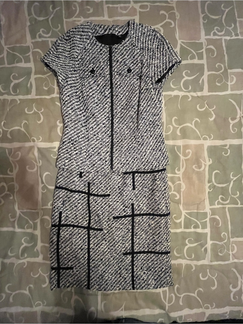 Carlisle 2pc Black/White Check Tweed Skirt Suit Shawl Lapel Short Sleeve 6